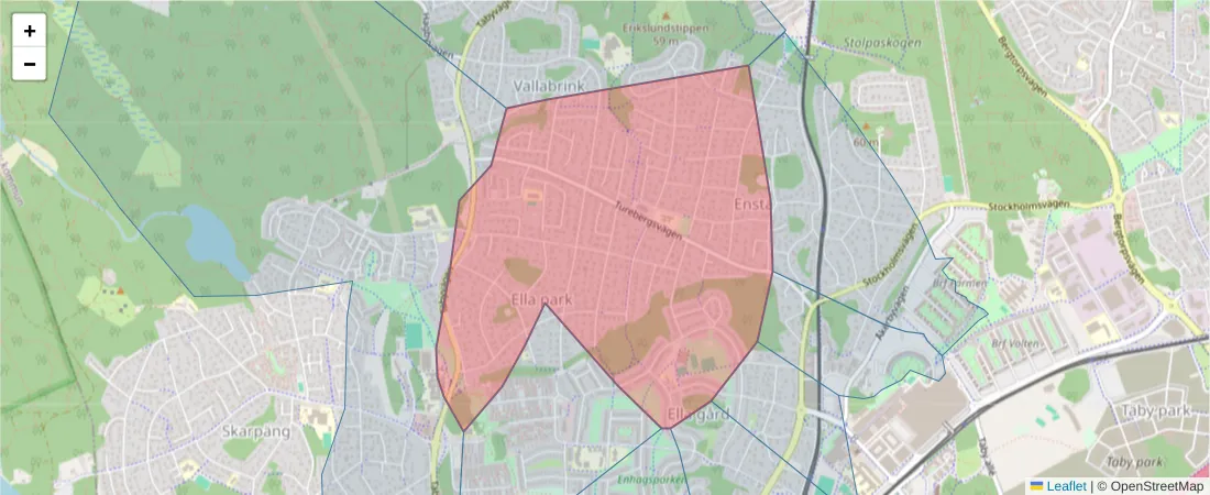 Karta över postnummerområdet  och angränsande postnummer i Sverige
