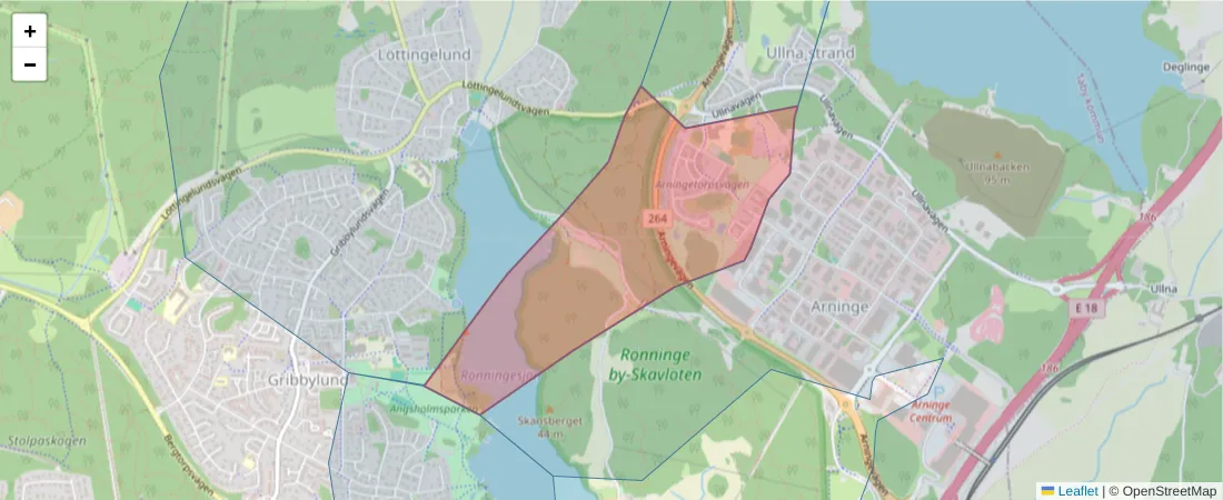Karta över postnummerområdet  och angränsande postnummer i Sverige