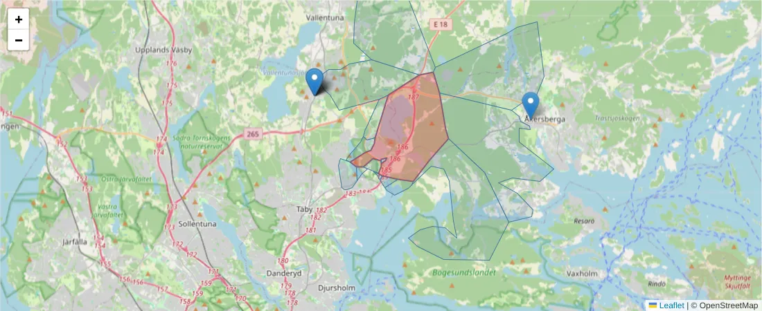Karta över postnummerområdet  och angränsande postnummer i Sverige