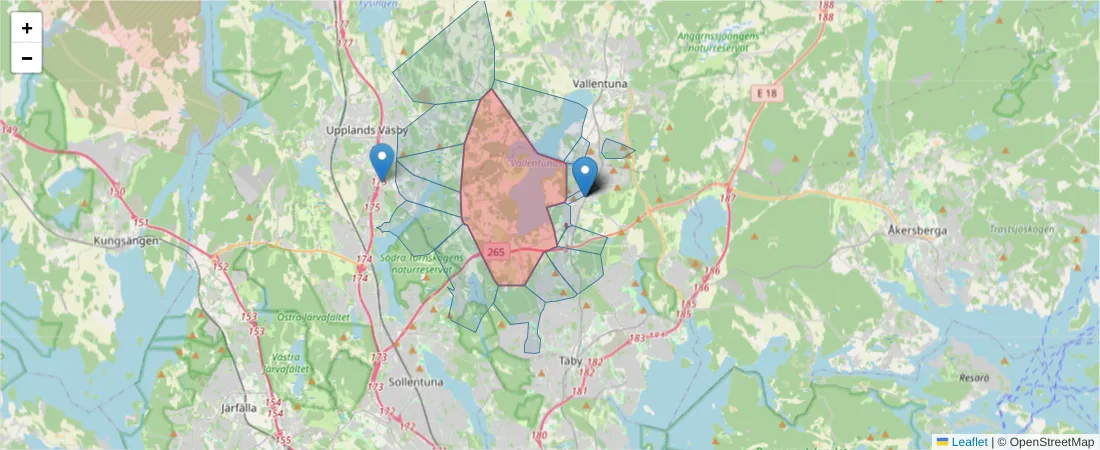 Karta över postnummerområdet  och angränsande postnummer i Sverige