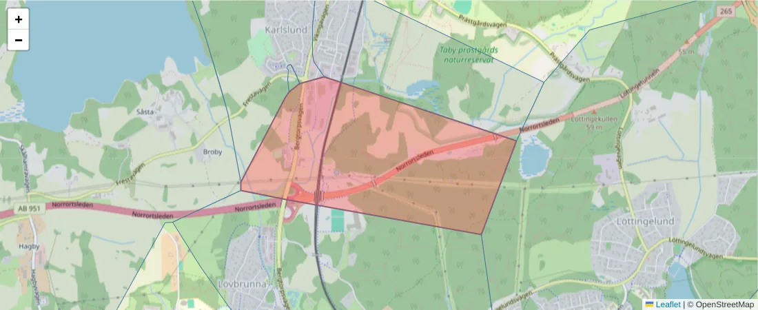 Karta över postnummerområdet  och angränsande postnummer i Sverige