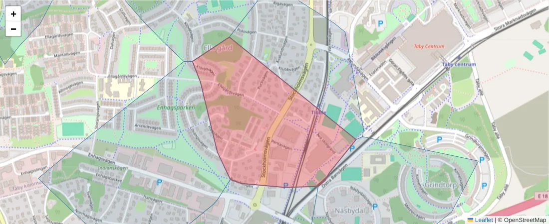 Karta över postnummerområdet  och angränsande postnummer i Sverige