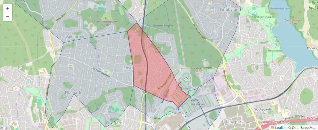 Karta över postnummerområdet  och angränsande postnummer i Sverige