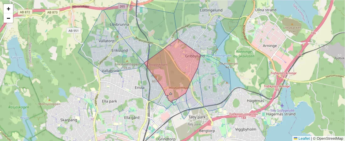 Karta över postnummerområdet  och angränsande postnummer i Sverige
