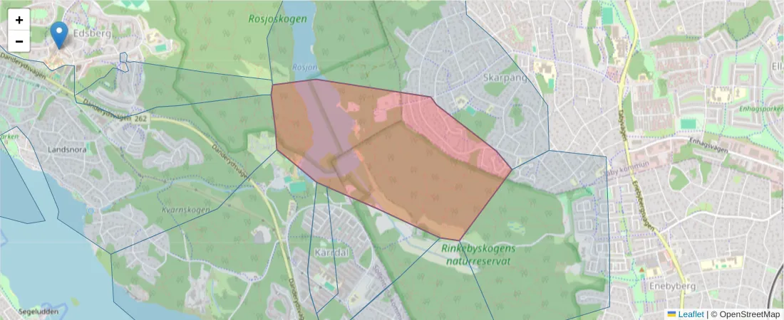 Karta över postnummerområdet  och angränsande postnummer i Sverige