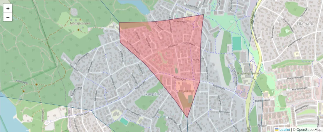 Karta över postnummerområdet  och angränsande postnummer i Sverige