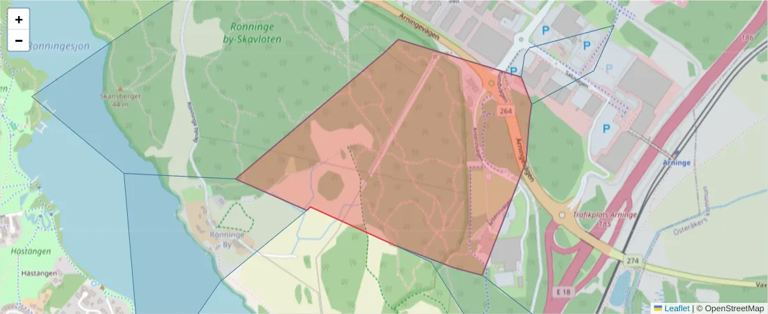 Karta över postnummerområdet  och angränsande postnummer i Sverige