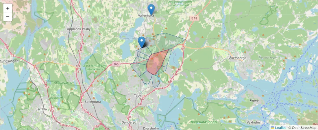 Karta över postnummerområdet  och angränsande postnummer i Sverige