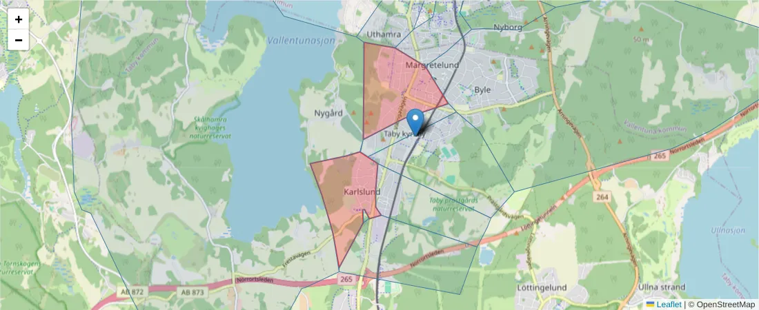 Karta över postnummerområdet  och angränsande postnummer i Sverige