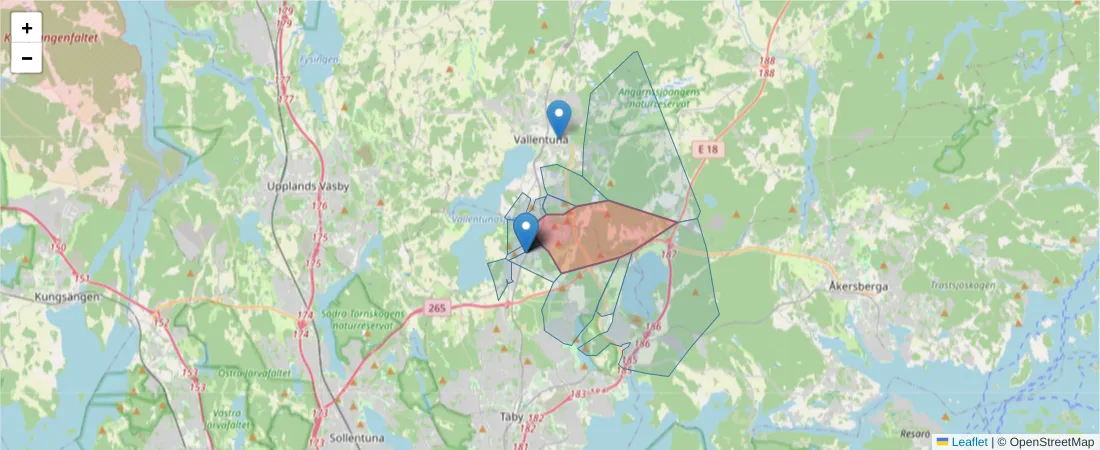 Karta över postnummerområdet  och angränsande postnummer i Sverige