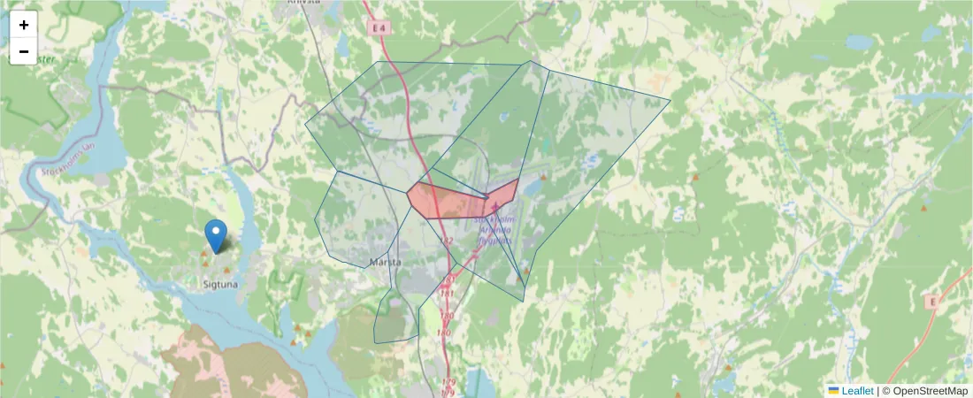 Karta över postnummerområdet  och angränsande postnummer i Sverige
