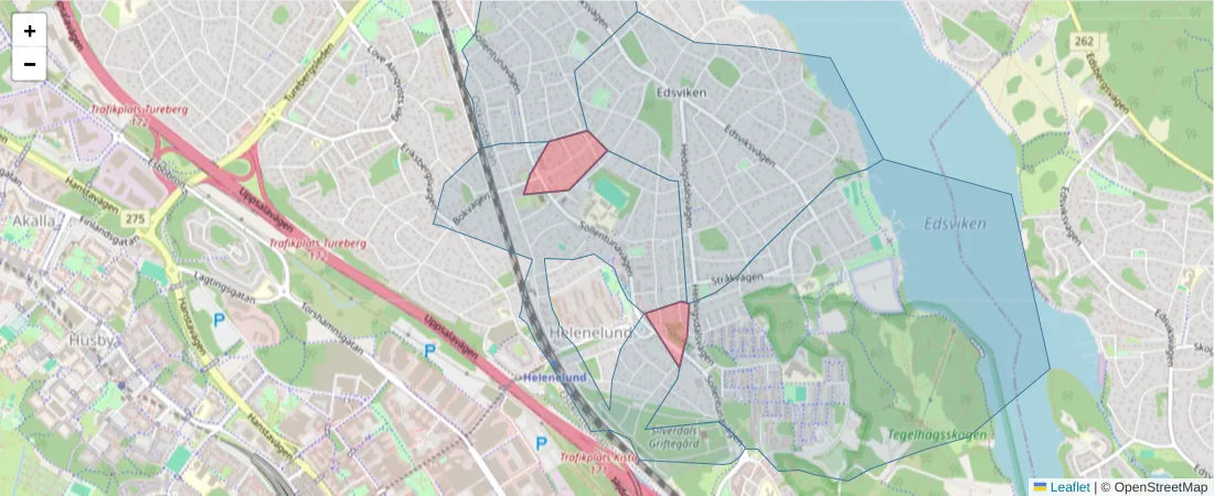 Karta över postnummerområdet  och angränsande postnummer i Sverige
