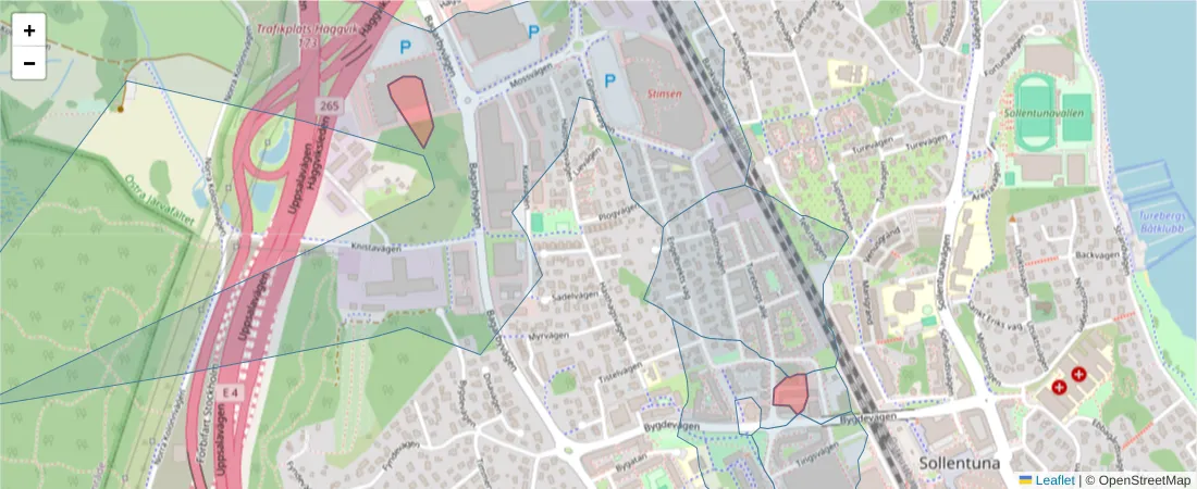 Karta över postnummerområdet  och angränsande postnummer i Sverige