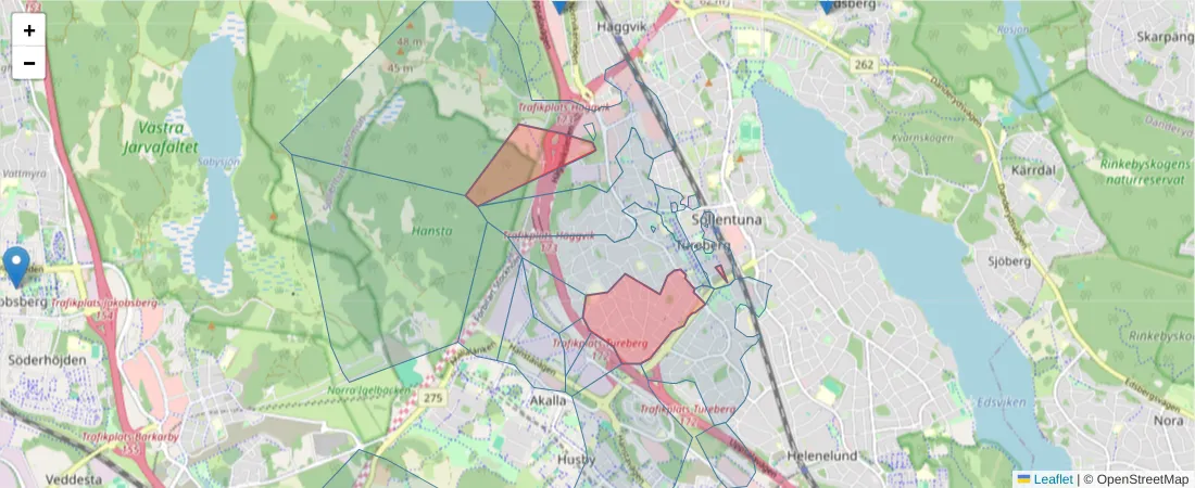 Karta över postnummerområdet  och angränsande postnummer i Sverige