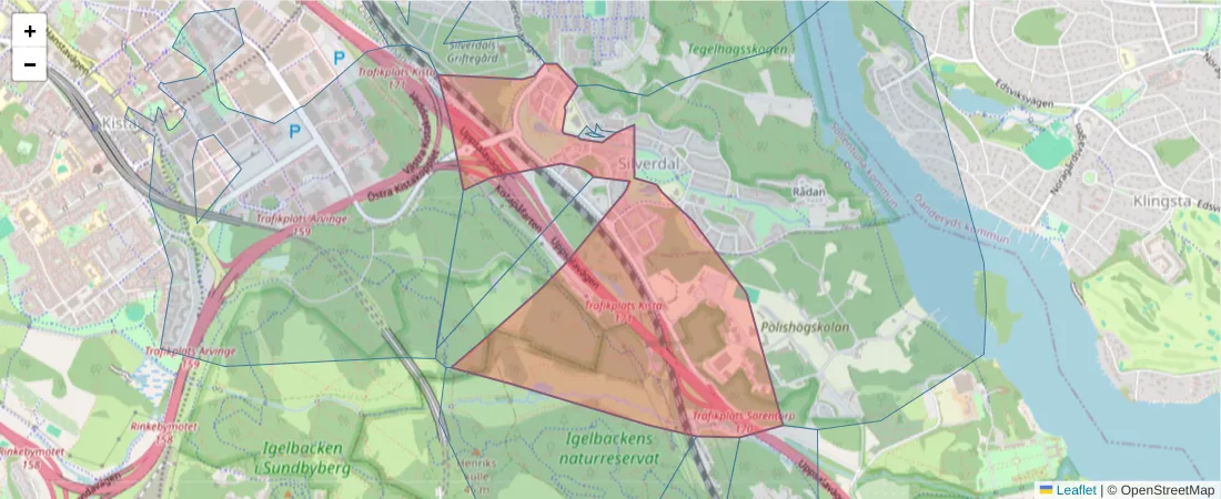 Karta över postnummerområdet  och angränsande postnummer i Sverige