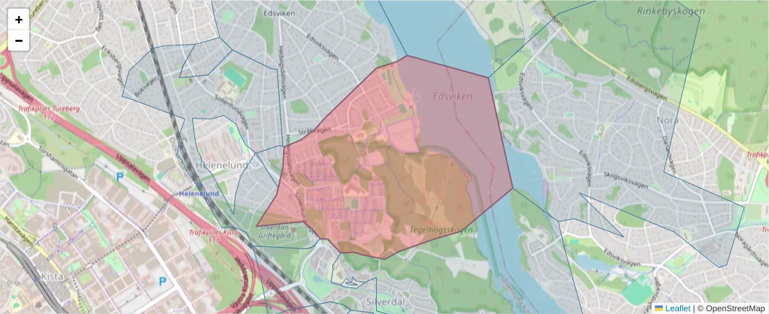 Karta över postnummerområdet  och angränsande postnummer i Sverige