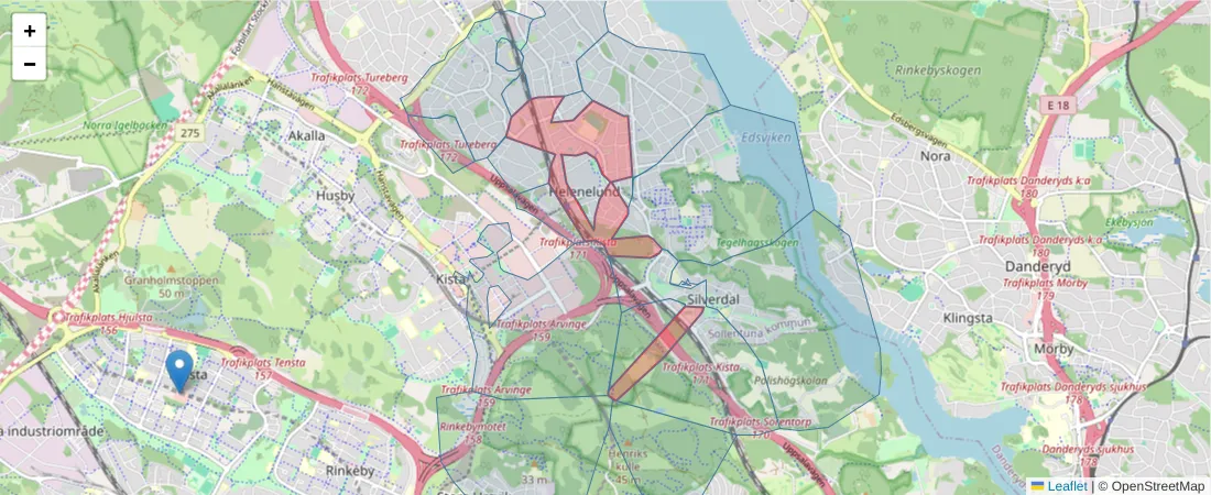 Karta över postnummerområdet  och angränsande postnummer i Sverige