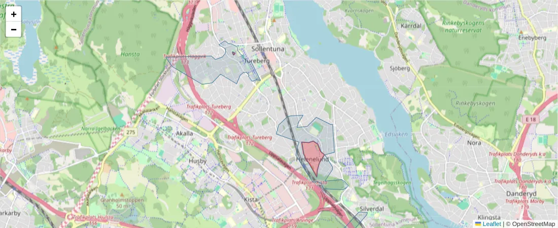 Karta över postnummerområdet  och angränsande postnummer i Sverige