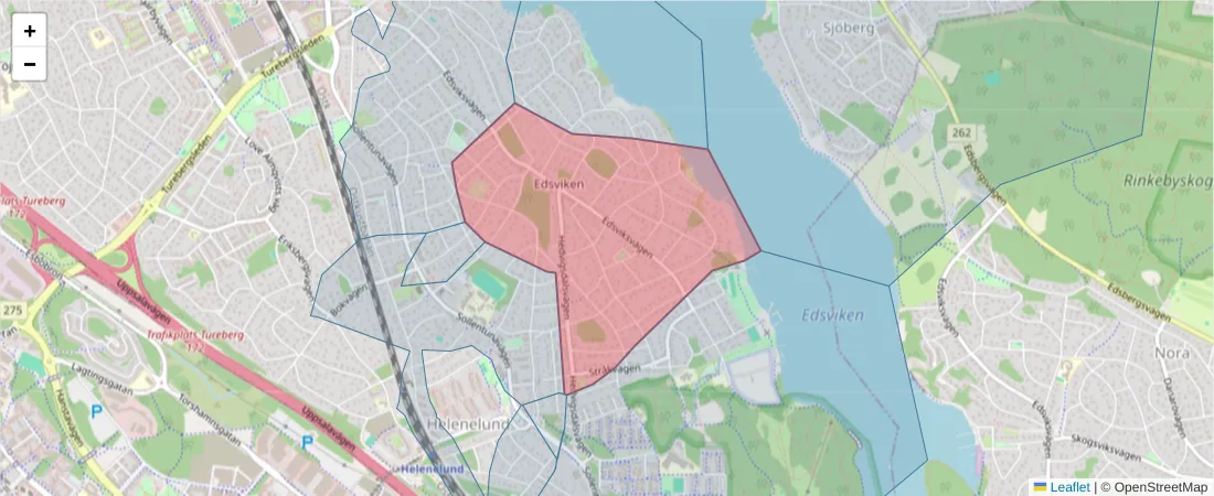 Karta över postnummerområdet  och angränsande postnummer i Sverige