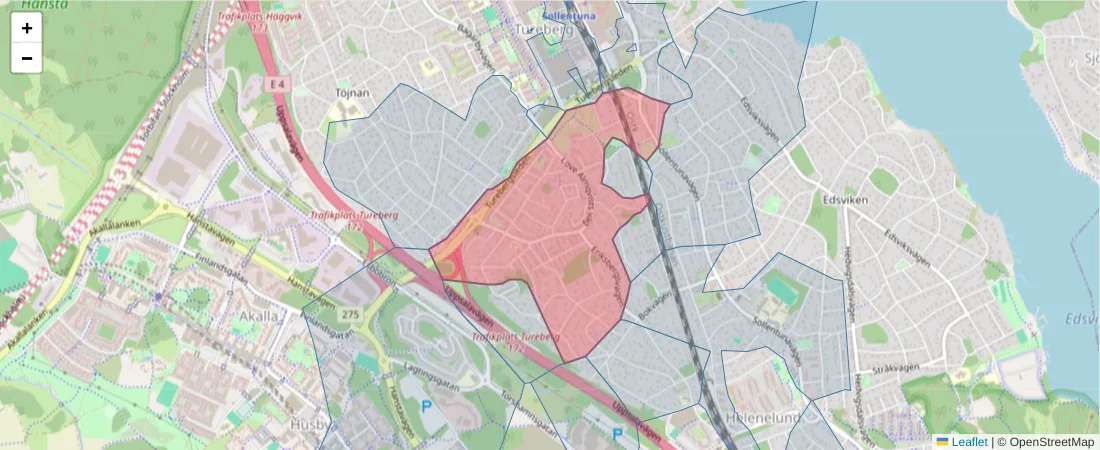 Karta över postnummerområdet  och angränsande postnummer i Sverige