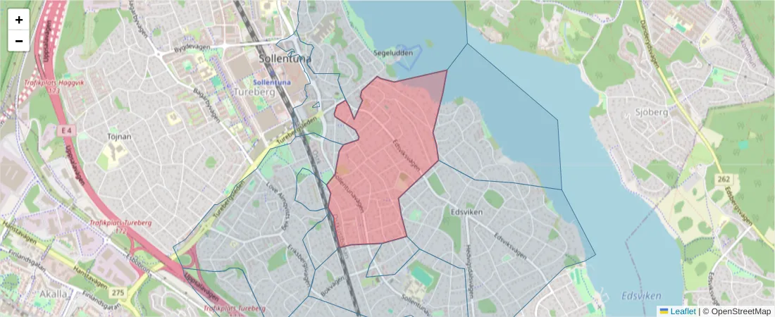 Karta över postnummerområdet  och angränsande postnummer i Sverige