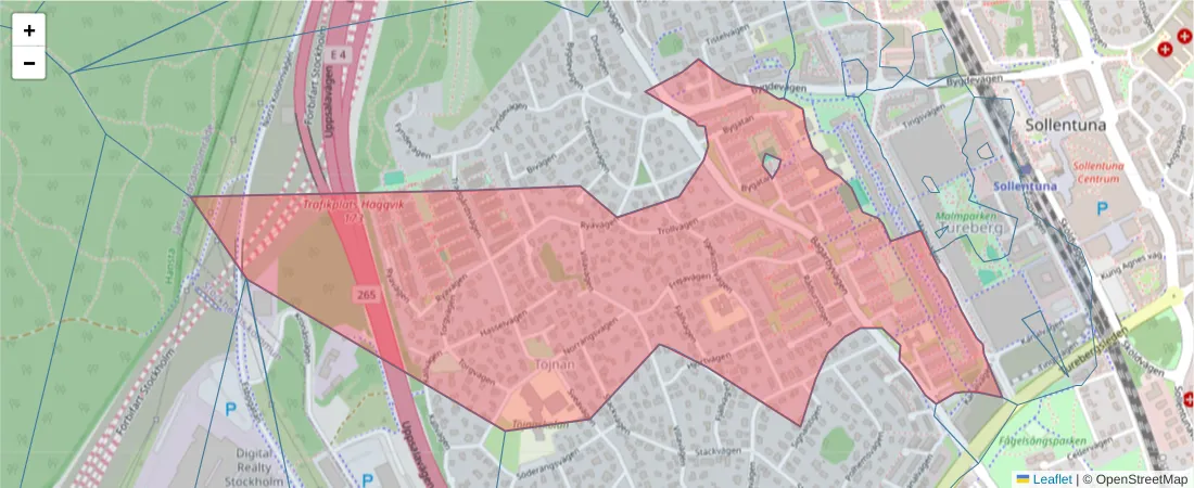 Karta över postnummerområdet  och angränsande postnummer i Sverige
