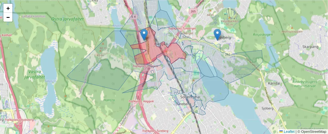 Karta över postnummerområdet  och angränsande postnummer i Sverige