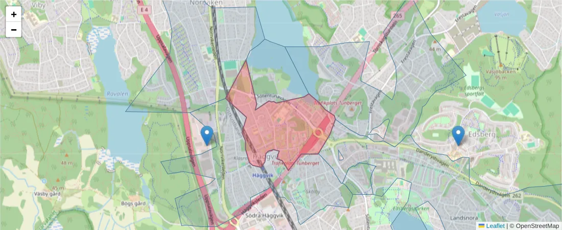 Karta över postnummerområdet  och angränsande postnummer i Sverige