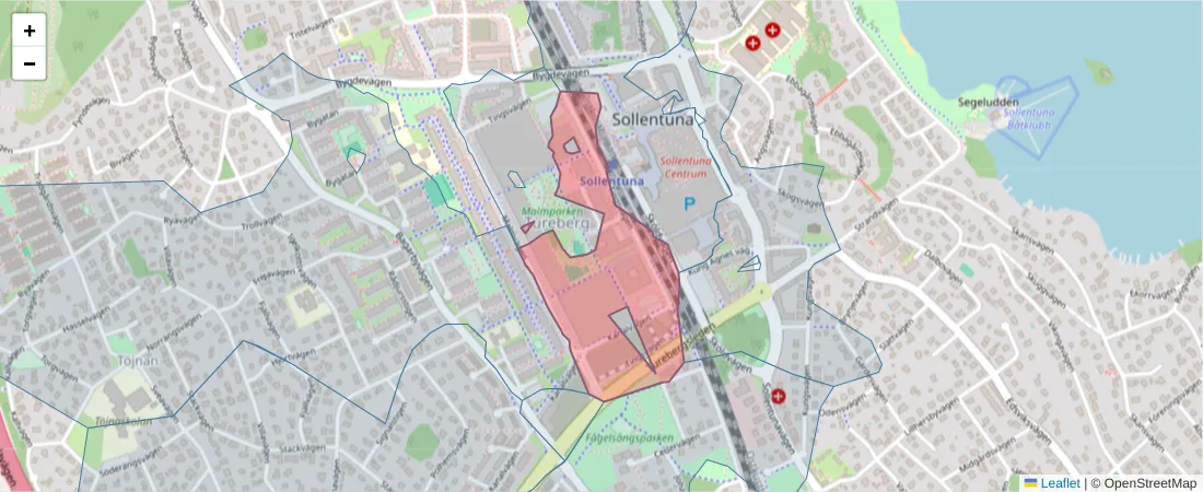 Karta över postnummerområdet  och angränsande postnummer i Sverige