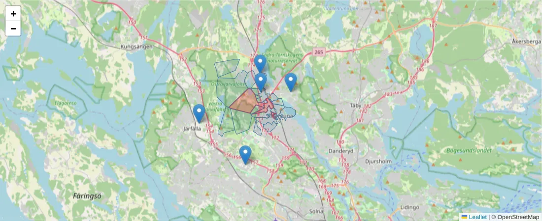Karta över postnummerområdet  och angränsande postnummer i Sverige