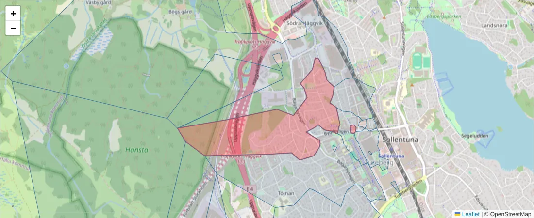 Karta över postnummerområdet  och angränsande postnummer i Sverige