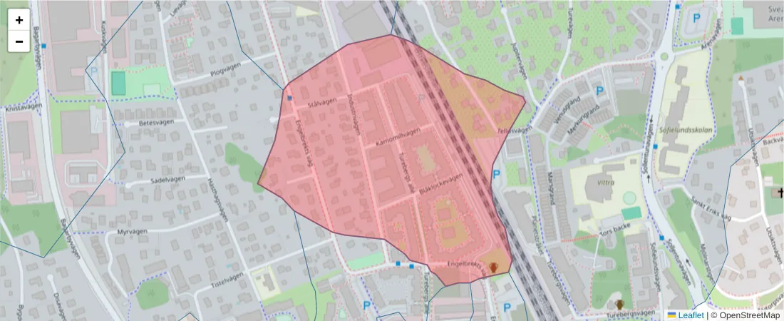 Karta över postnummerområdet  och angränsande postnummer i Sverige