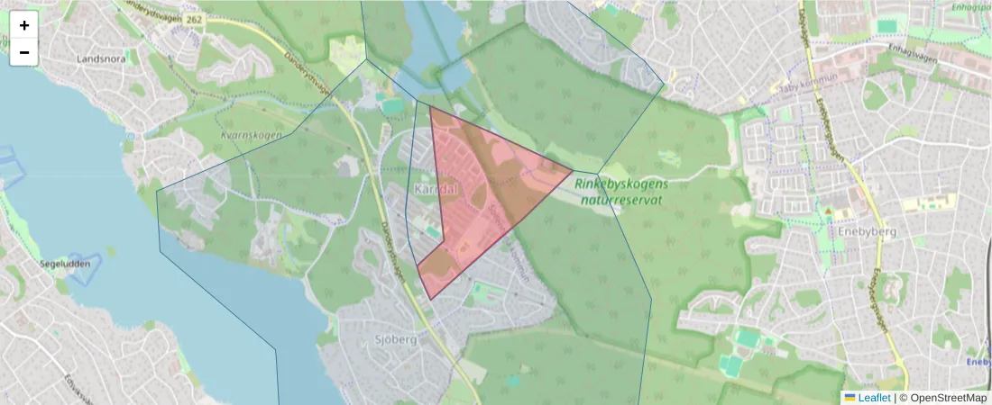 Karta över postnummerområdet  och angränsande postnummer i Sverige