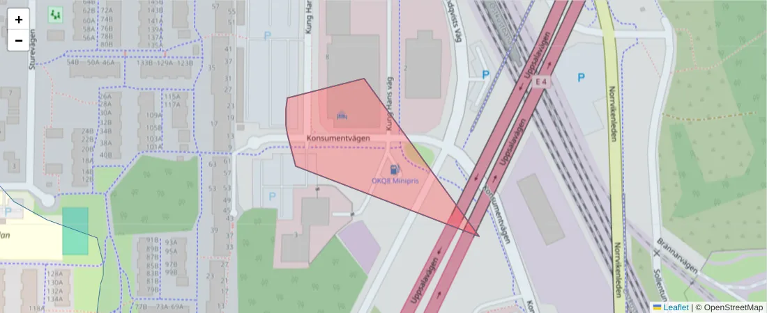 Karta över postnummerområdet  och angränsande postnummer i Sverige