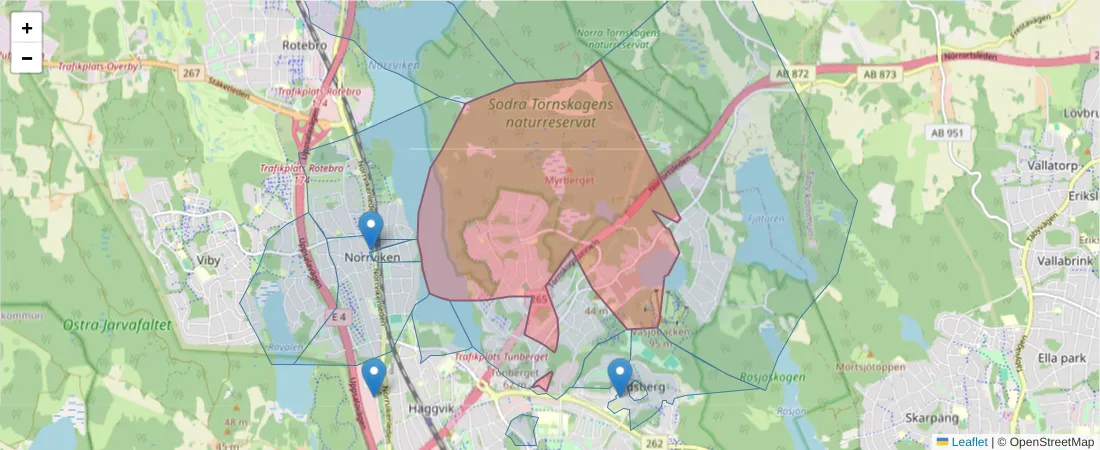 Karta över postnummerområdet  och angränsande postnummer i Sverige