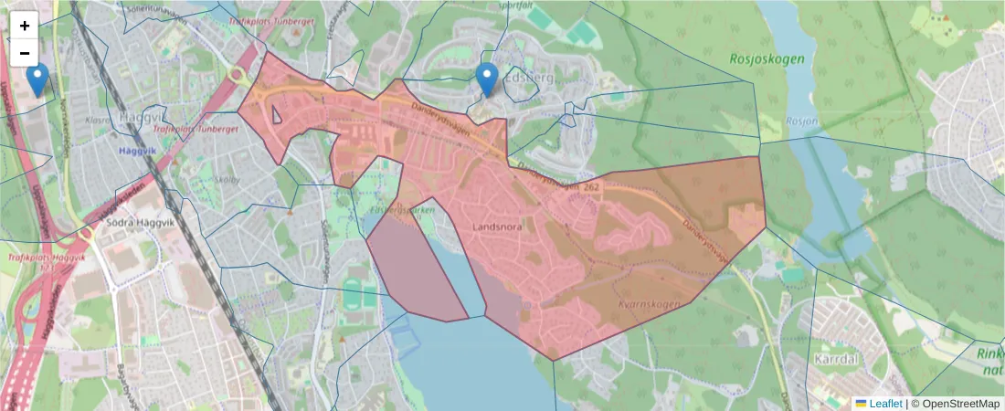 Karta över postnummerområdet  och angränsande postnummer i Sverige