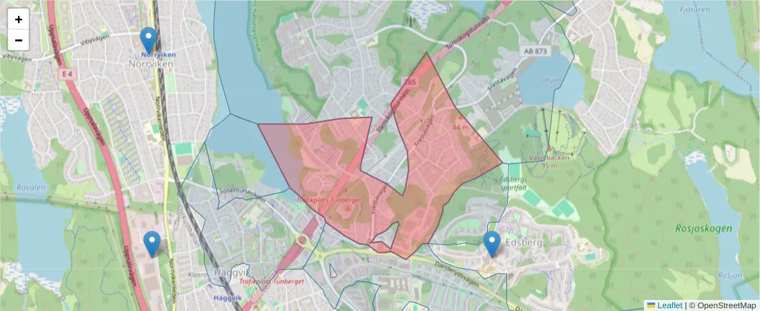 Karta över postnummerområdet  och angränsande postnummer i Sverige