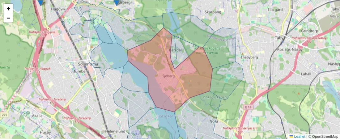 Karta över postnummerområdet  och angränsande postnummer i Sverige