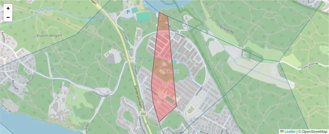 Karta över postnummerområdet  och angränsande postnummer i Sverige
