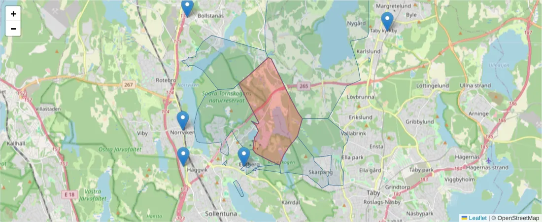 Karta över postnummerområdet  och angränsande postnummer i Sverige