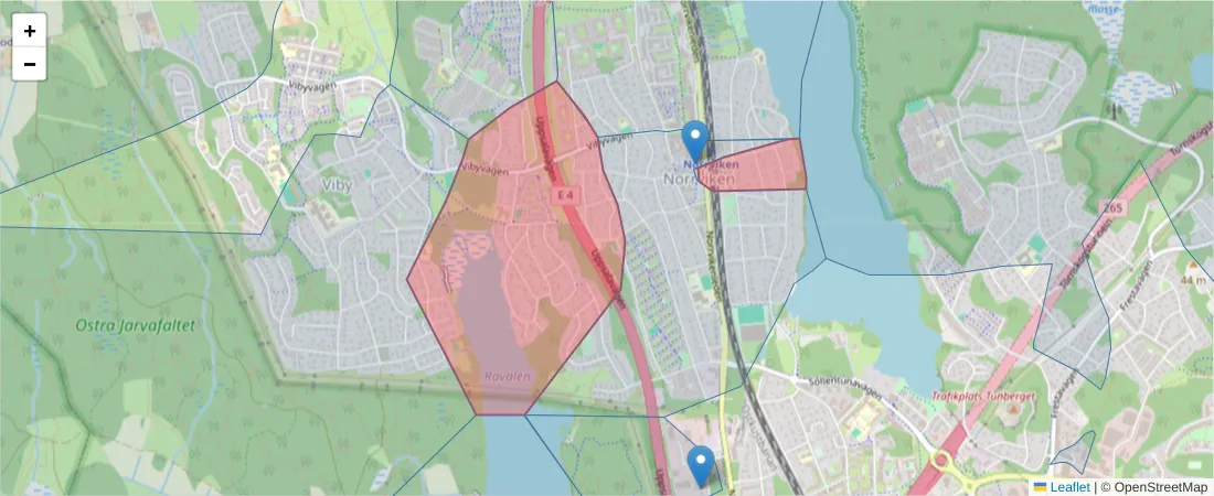 Karta över postnummerområdet  och angränsande postnummer i Sverige