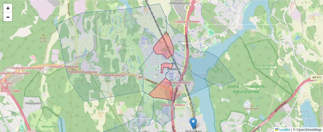 Karta över postnummerområdet  och angränsande postnummer i Sverige