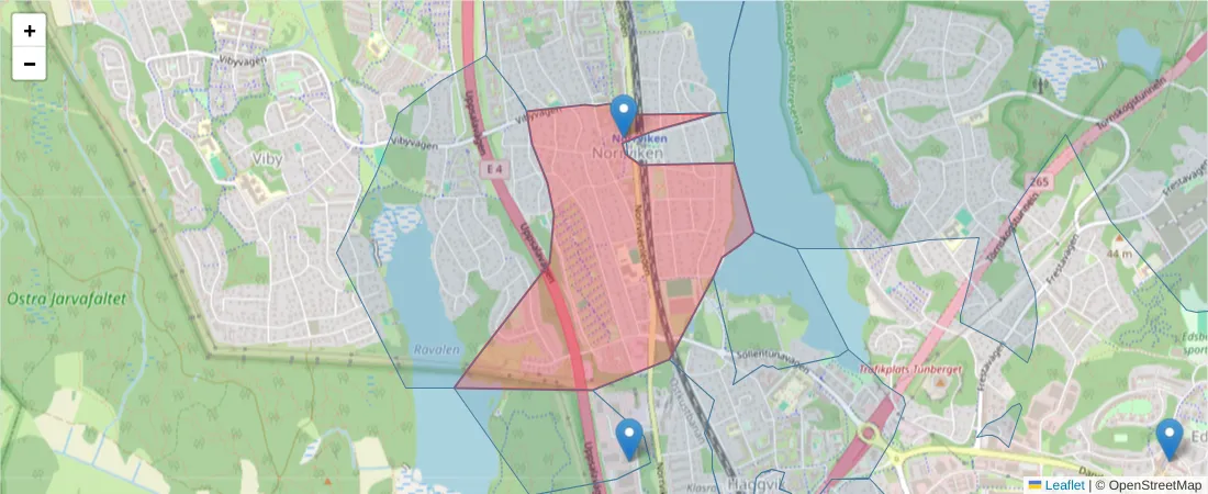 Karta över postnummerområdet  och angränsande postnummer i Sverige