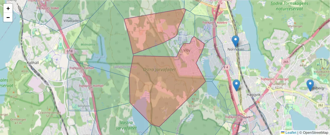 Karta över postnummerområdet  och angränsande postnummer i Sverige
