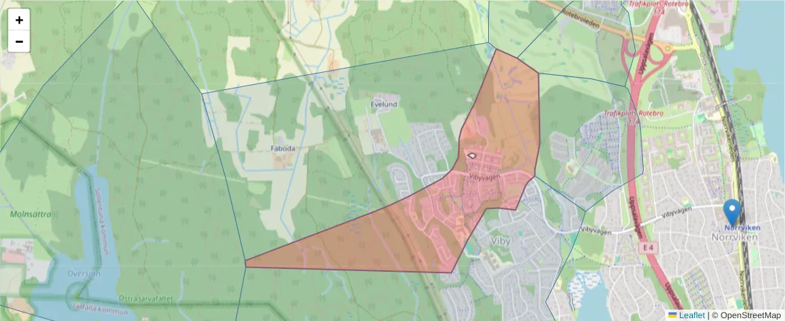 Karta över postnummerområdet  och angränsande postnummer i Sverige