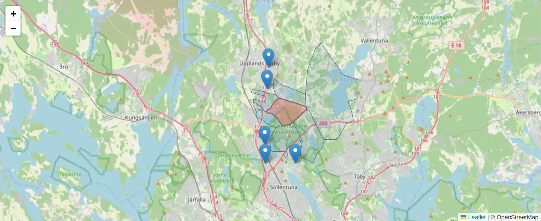 Karta över postnummerområdet  och angränsande postnummer i Sverige