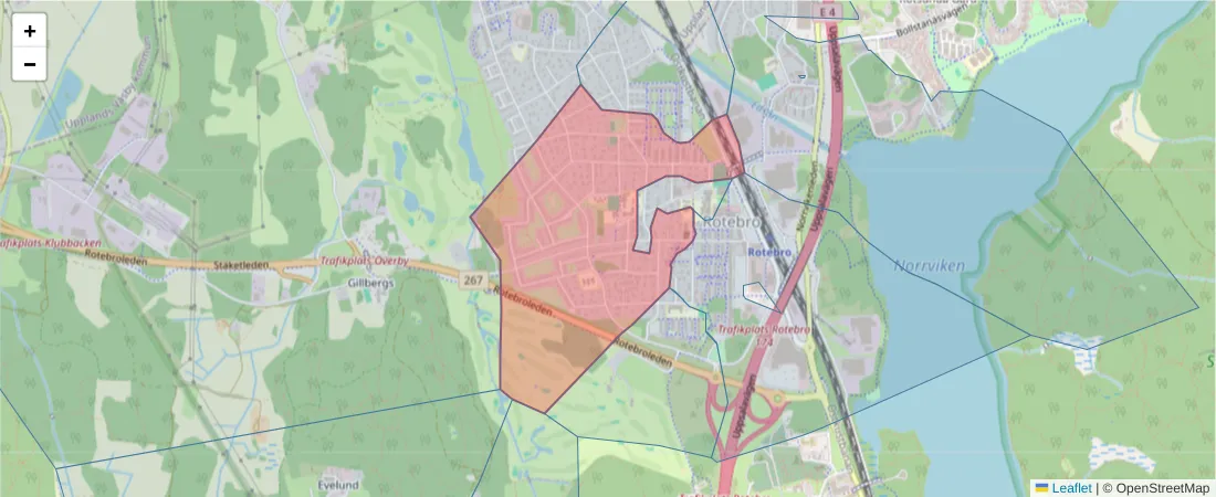 Karta över postnummerområdet  och angränsande postnummer i Sverige