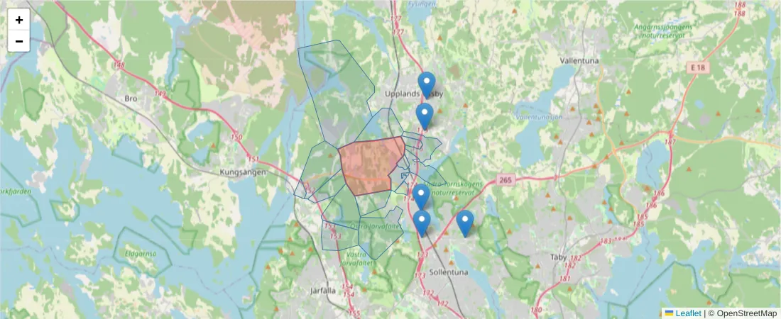 Karta över postnummerområdet  och angränsande postnummer i Sverige