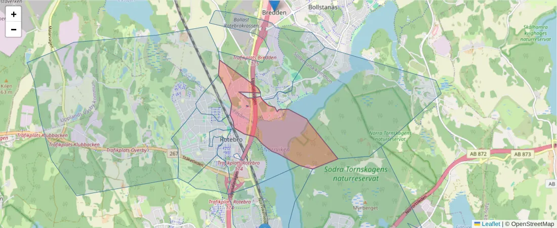 Karta över postnummerområdet  och angränsande postnummer i Sverige