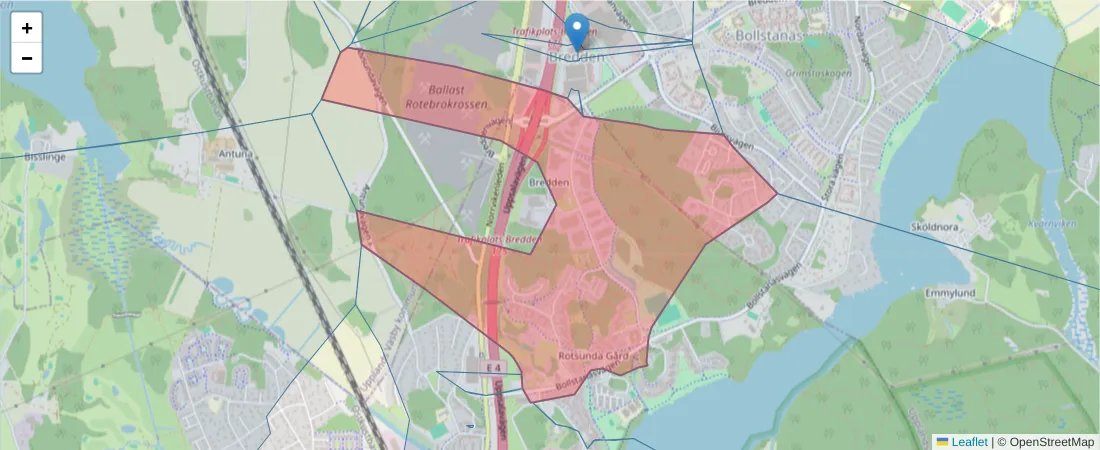 Karta över postnummerområdet  och angränsande postnummer i Sverige